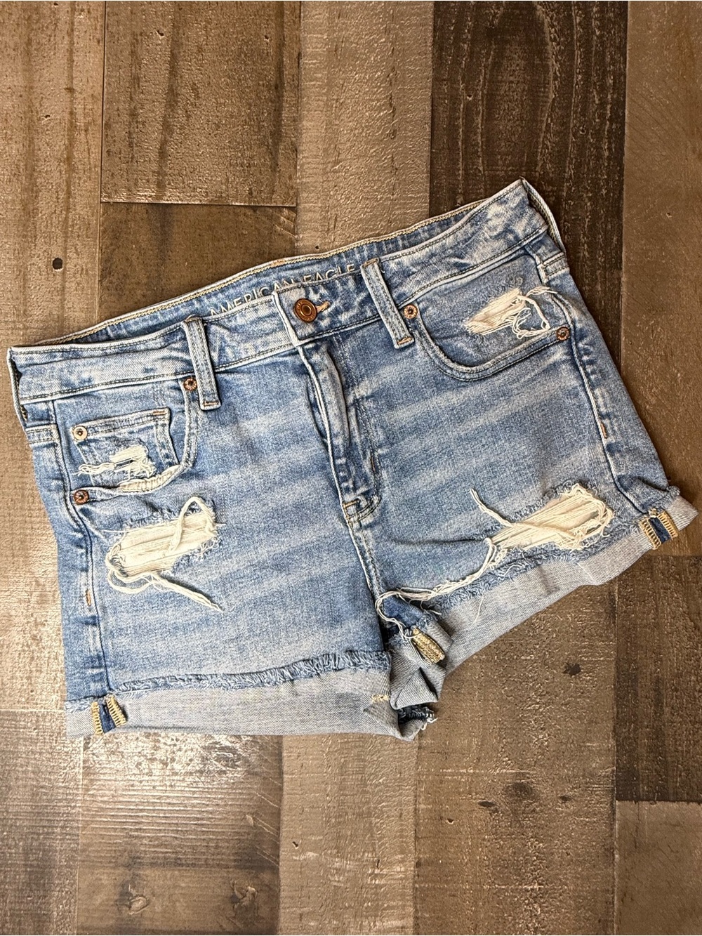 American Eagle Outfitters Hi-Rise Shortie Light Blue Ripped Denim Shorts 8
